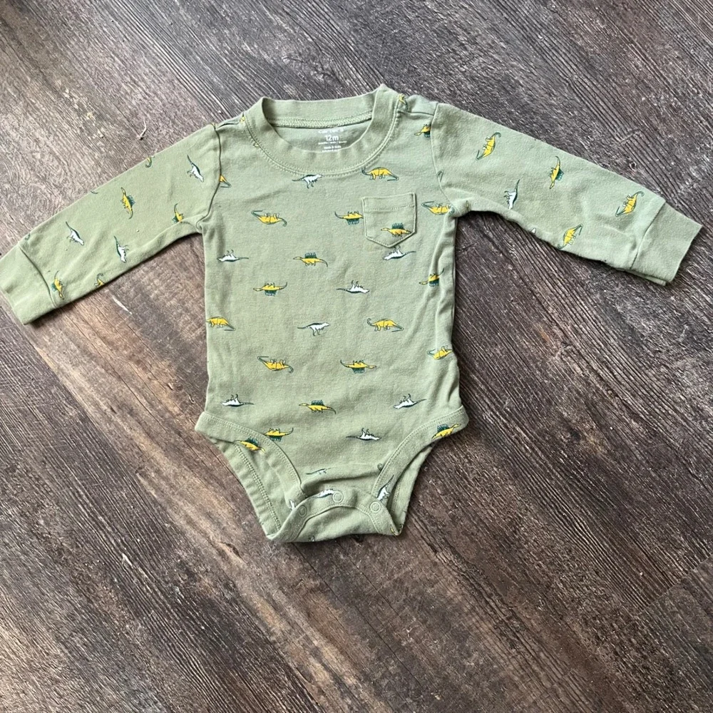 Carter's Dinosaur Bodysuit Long‎ Sleeve Pocket Green Cotton 12M